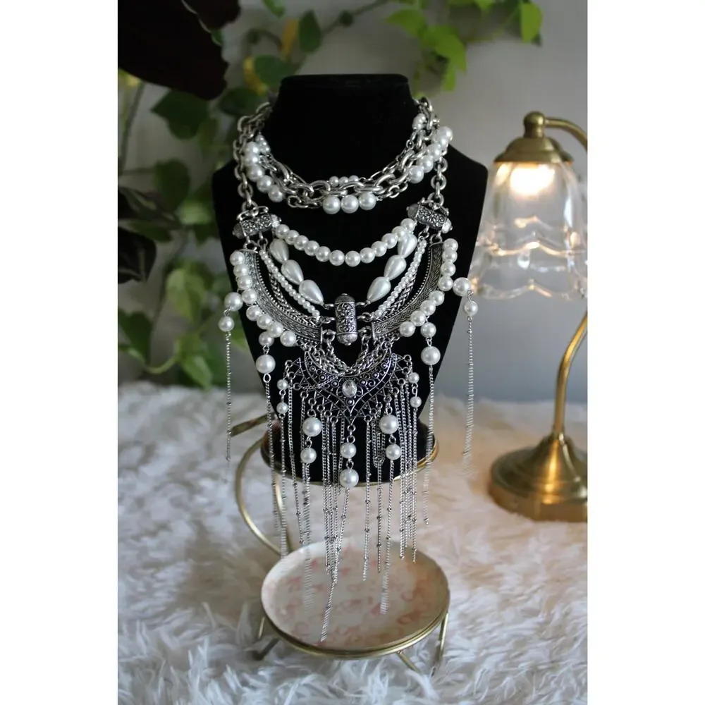 Free People Silver Pearl Statement Bib Necklace Boho Layered Fringe msrp 99